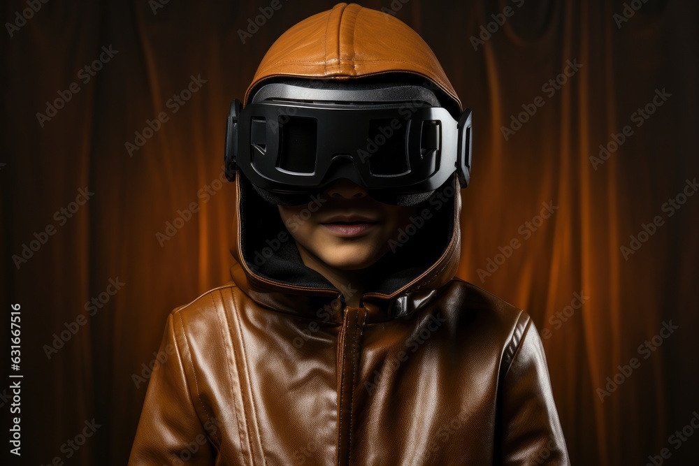 Boy wearing virtual reality headset and in halloween costumes. VR goggles. Generative AI Boy wearing virtual reality headset and in halloween costumes. VR goggles. Generative AI