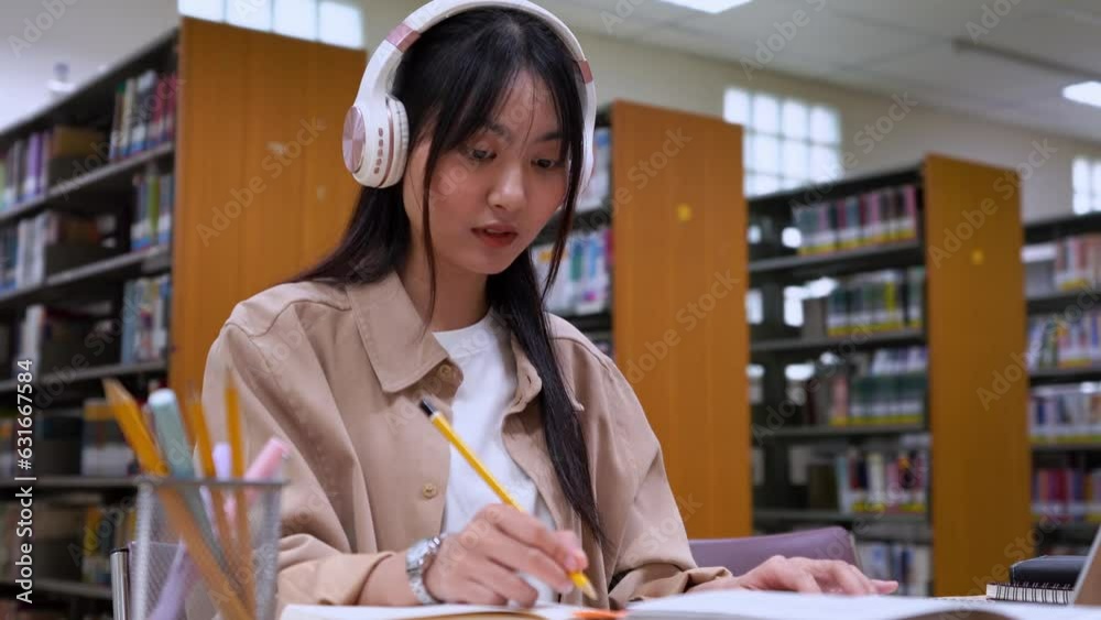 gen Z Asian student girl watching webinar, attending online class talking on online chat meeting using laptop in university campus, Education and online learning concept