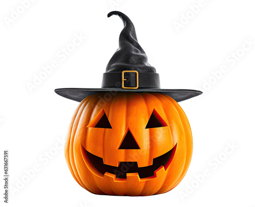 Halloween pumpkin wearing witch hat isolated on transparent background