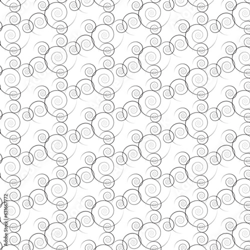 Black spirals on a white background, seamless pattern. Diagonal grid of spirals of different sizes. Abstract black and white ornament. Background for paper, cover, fabric, interior decor.
