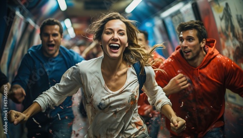 young group of friends running in a metro corridor covered in paint, generative ai