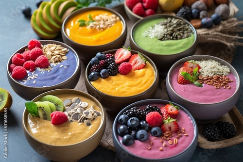 Assortment of fruit smoothies. Fruit slices on a fruit smoothie. Selective focus. Healthy smoothies bowls with berries, chia seeds and oat flakes.