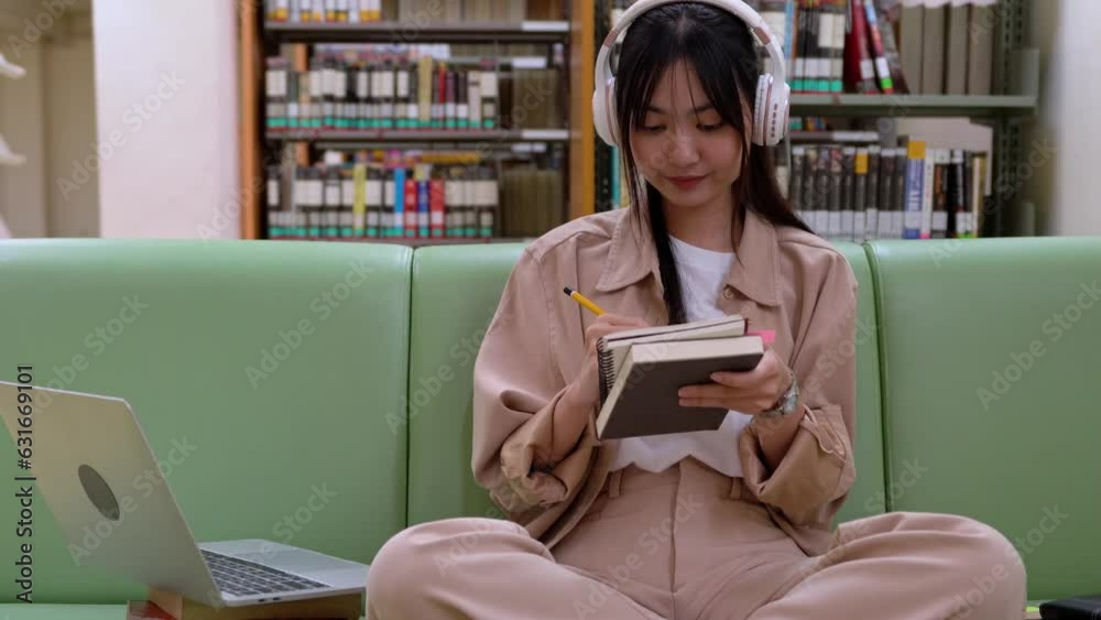 gen Z Asian student girl watching webinar, attending online class talking on online chat meeting using laptop in university campus, Education and online learning concept