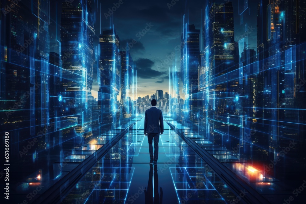 Shot of man walking Data Center, Database, Data storage, Backup, Cyber security and futuristic concept. AI Generative Shot of man walking Data Center, Database, Data storage, Backup, Cyber security and futuristic concept. AI Generative
