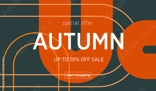 Modern Autumn Sale offer 50%. Abstract Geometric Background for Banner, Poster, Website, Placard, Cover. 3D Pattern in Orange, Beige, Brown Colors. Vector illustration.