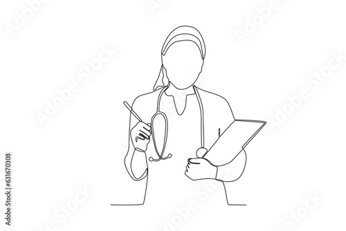 One single line drawing of a midwife who wants to record patient data
