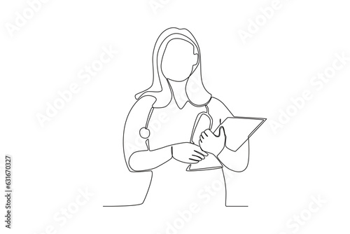 One single line drawing of a midwives who are welcoming patients who come

