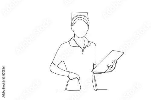 One single line drawing of the midwife who was taking a pen from her shirt pocket
