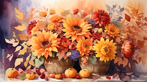 Subject A captivating watercolor painting depicting a charming autumn bouquet composed of vibrant flowers and delicate leaves. The composition exudes the warmth and beauty of the fall season. A variet