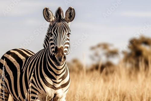 african plains zebra on the dry brown savannah grass photo