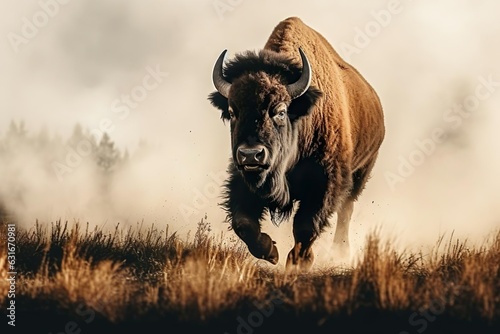 Bison is ready to attack. Buffalo in prairie. photo
