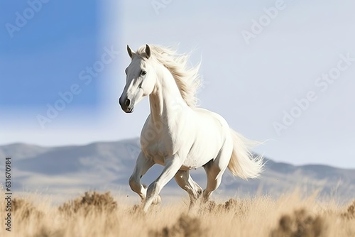 Beautiful white wild horse galloping in steppe.