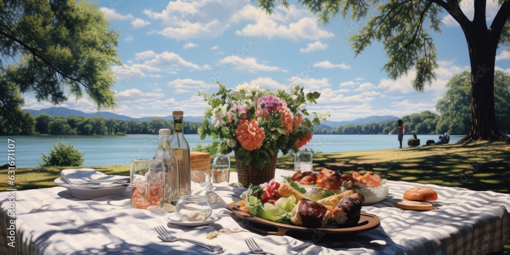 illustration of picnic in park, oil painting, generative AI
