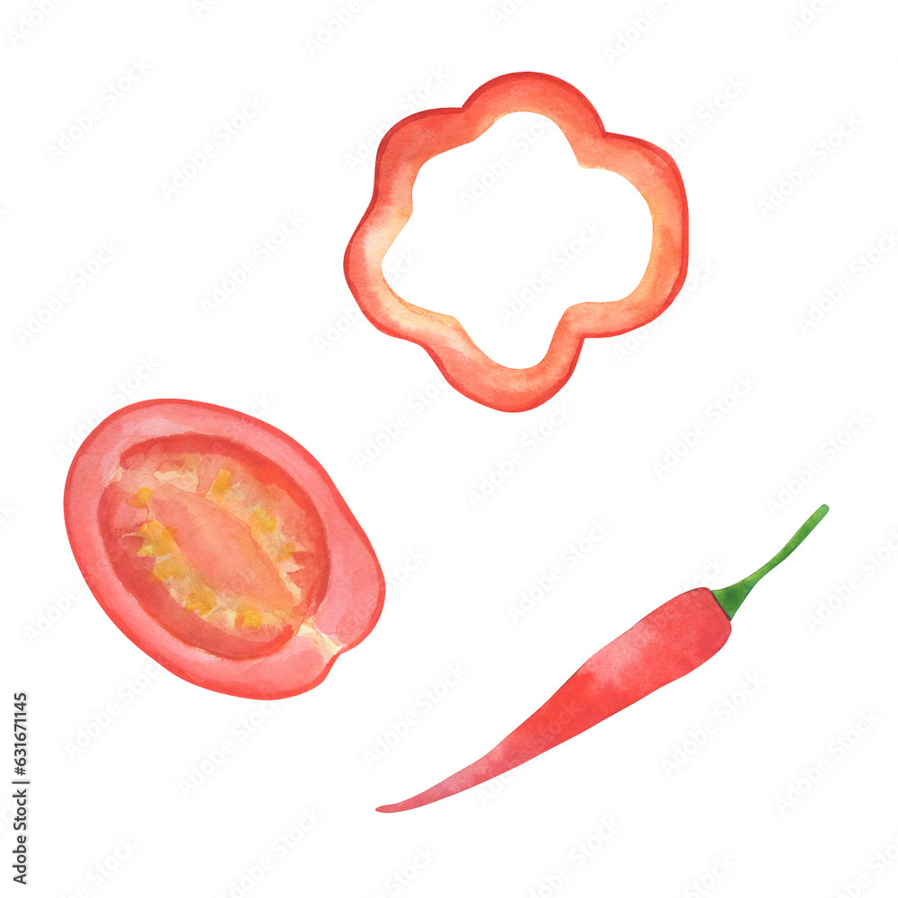 Chili pepper, piece of sweet pepper and half tomatoes. Watercolor illustrations isolated on white Chili pepper, piece of sweet pepper and half tomatoes. Watercolor illustrations isolated on white