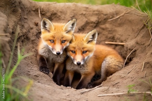 Two young foxes closeup. European fox babies playing © Jodie