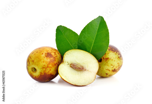 Chinese jujubes with green leaf  on white background
