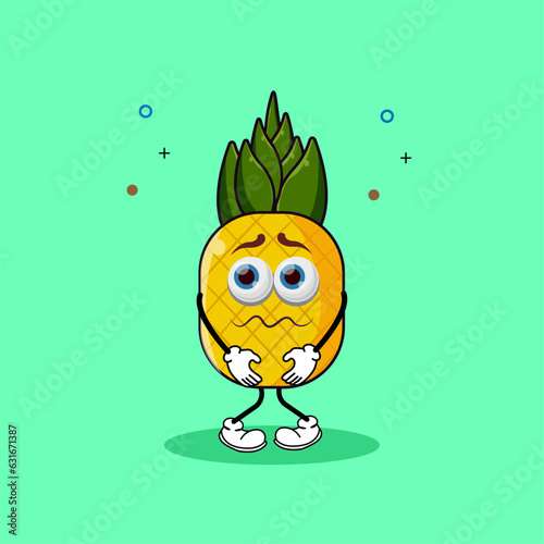The cute pineapple character is shaking and holding his pee