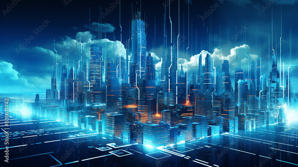 Modern Technology Landscape: Digital Innovation, Futuristic Interface, Cyber Network in Urban Cityscape