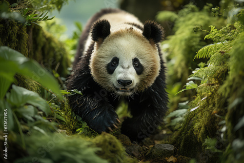 A regal panda walking through a lush jungle, panda a sense of wonder, ai generated.