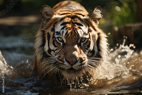 Angry siberian tiger runs on water in forest.