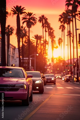 Los Angeles street in a pink light, sunset. generative AI © 영준 서