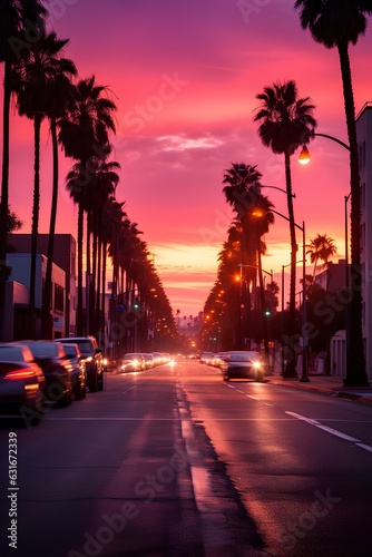 Los Angeles street in a pink light, sunset. generative AI