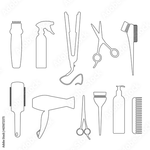 Cosmetic brush for hair, scissors, razor and comb. Barber tool line icon set
