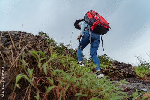 Asian girl travel and hiking trails adventure concept hiking on vacation