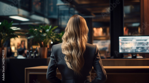 woman walking in the city. person in cafe.backside of business woman in restaurant.