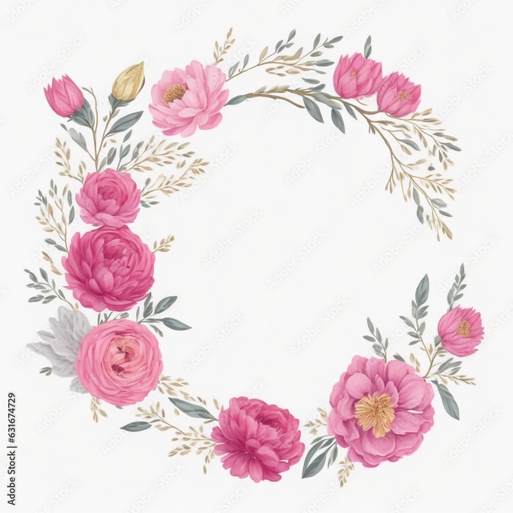 vector watercolor pink floral wreath with golden circle collection