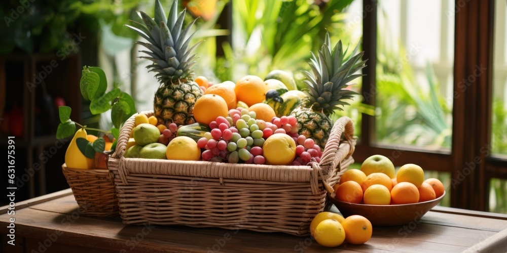 illustration of various of fresh fruit in basket, generative AI