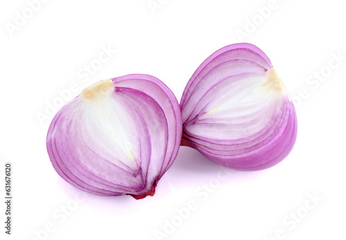 Slices of shallot onions on white background