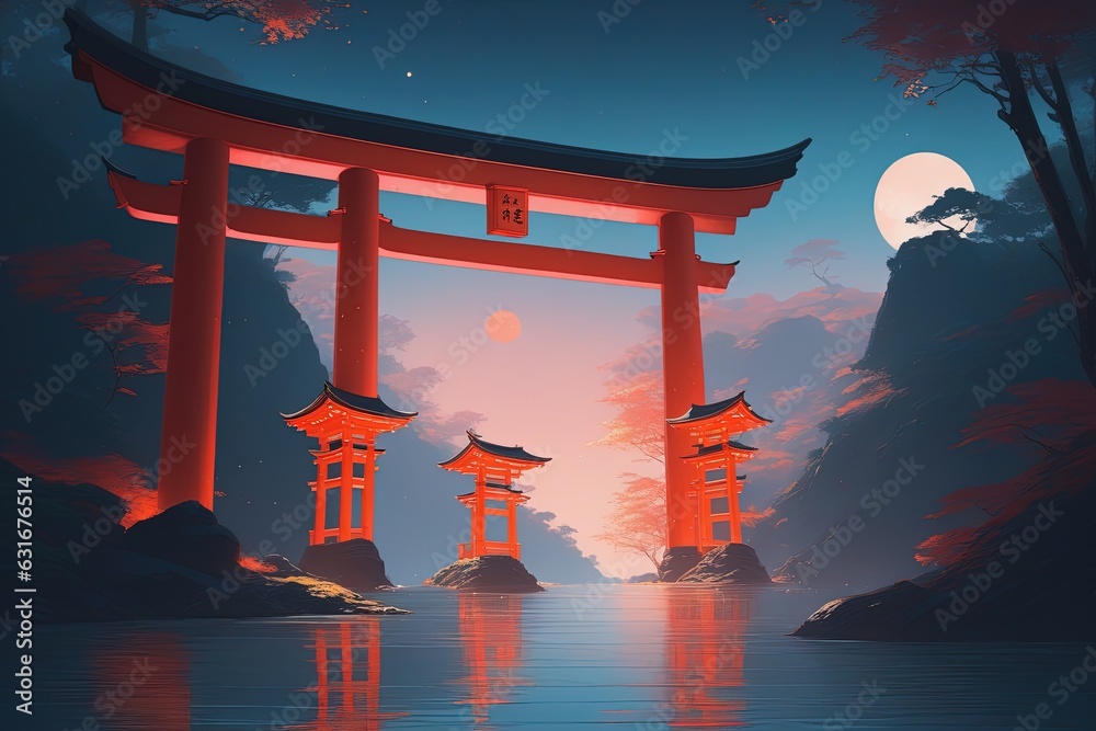 a red torii gate in the middle of the lake at night - obrazy, fototapety, plakaty 