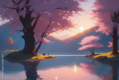 Illustration of cherry blossom tree and lake at sunset
