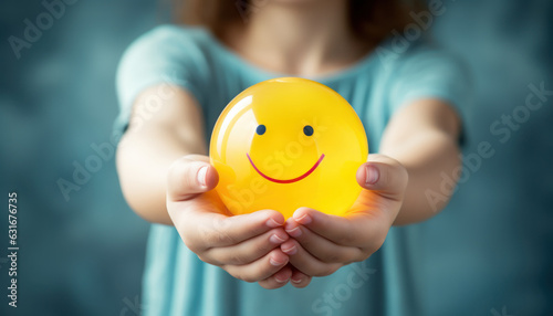Woman hand holding happy smile sphere, Positive thinking, Mental health assessment , World mental health day concept