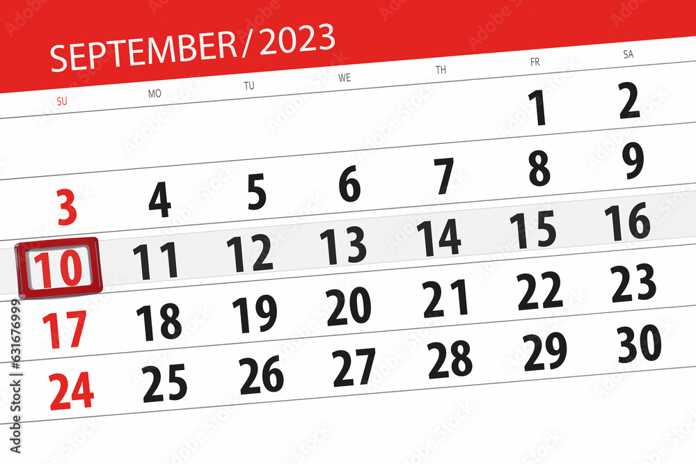 Fototapeta premium Calendar 2023, deadline, day, month, page, organizer, date, September, sunday, number 10