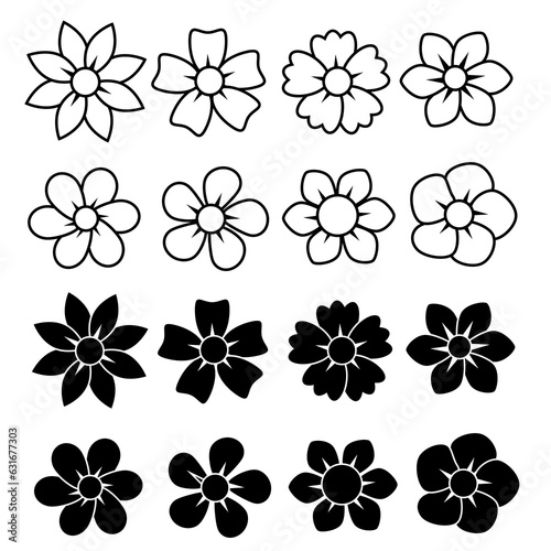 Set of white and black flower icons.