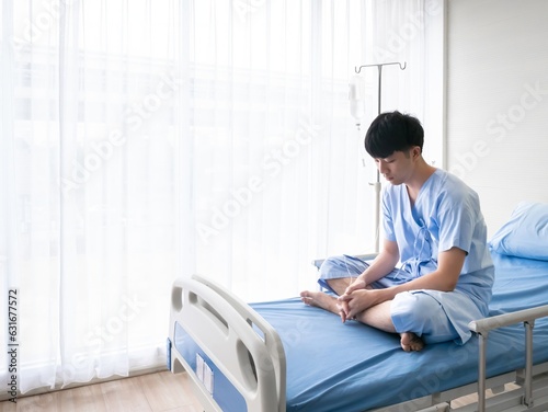 Depression symptoms about absent minded, anxiety disorder and stress from Asian patient alone in hospital bed while waiting visitor in one day