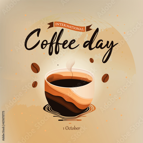 International Coffee Day vector illustration. A cup of coffee with a steaming latte, coffee beans, and world map background