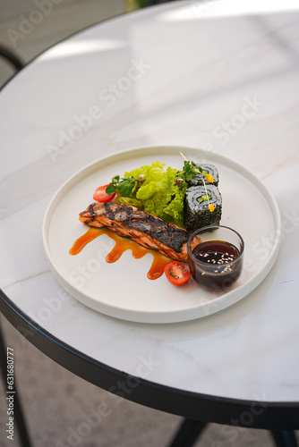 Salmon Steak Sushi Vegetables and Sauce