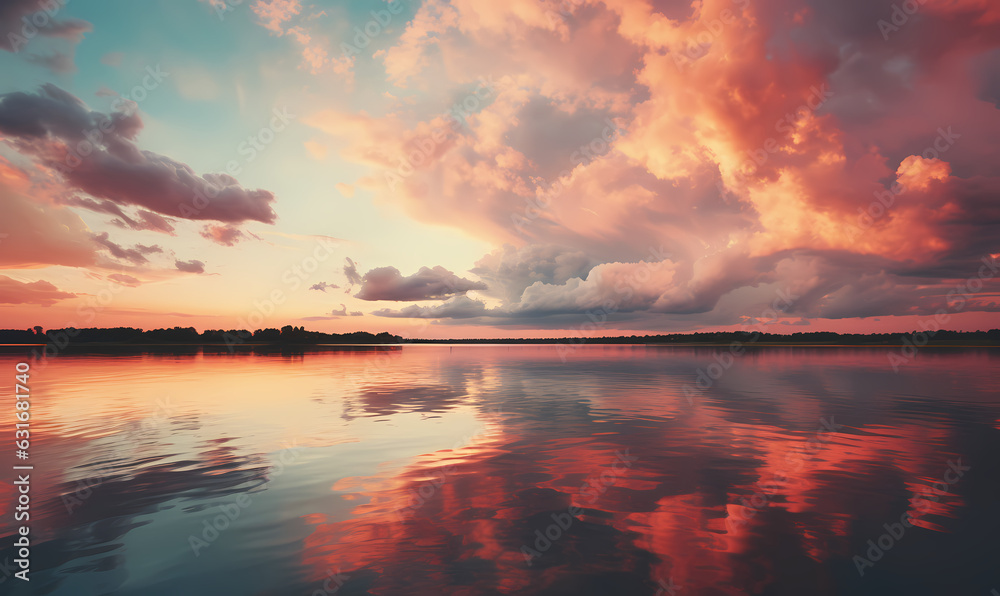 Moody Waterscape: Surrealistic Sunset Clouds Reflected over the Water