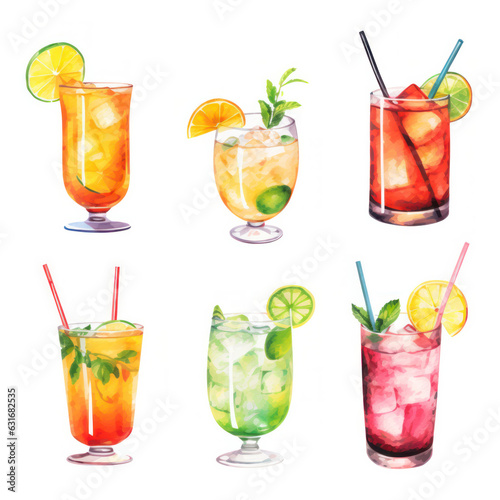 Various types of cocktails illustration on a white background