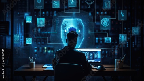 Enhancing privacy futuristic cybersecurity in virtual database, secure computing identity protection with AI and firewall, futuristic crime, hacker, virus, personal data protection, Generative AI.