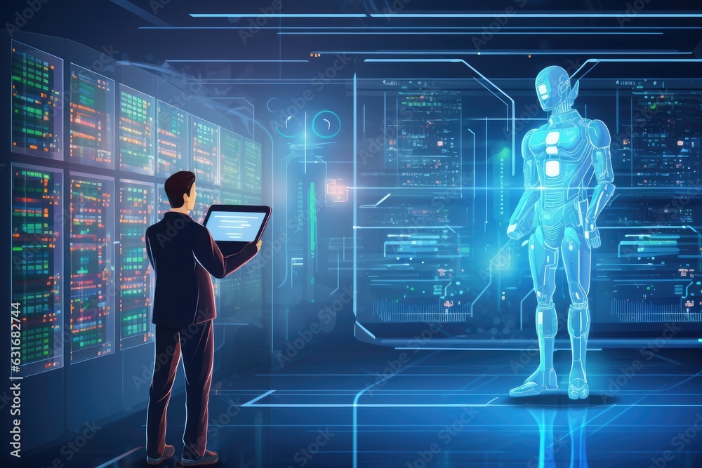 Intelligent robotics and innovation in manufacturing and engineering, futuristic collaboration maximizing efficiency in teamwork, tech-driven automation, empowering businesses, Generative AI.