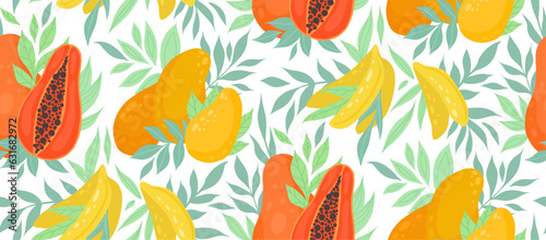 Vector summer texture with mango, papaya, bananas and lush foliage. Surface design with food. Tropical pattern with fruits and leaves