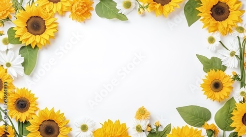 Long wide summer banner with yellow sunflowers on bright yellow background. Bright greeting card template. Generative AI