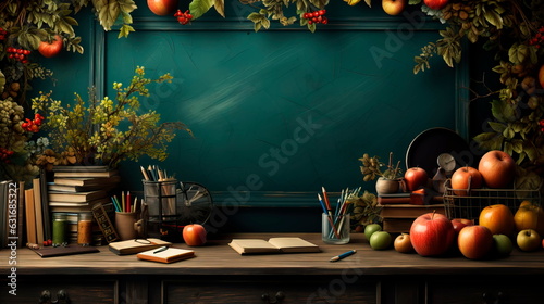 chool background with a chalkboard pattern and elements like apples, books, and pencils symbolizing the learning environment. Generative Ai