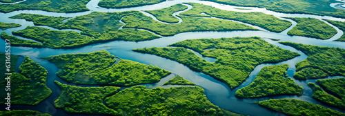 Aerial view of a river delta with lush green vegetation and winding waterways Generative AI