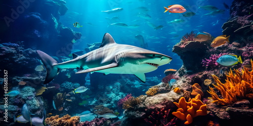 amazing size of sharks in coral reefs. Generative AI