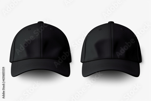 Set of black front and side view hat baseball cap on transparent background cutout, aesthetic look